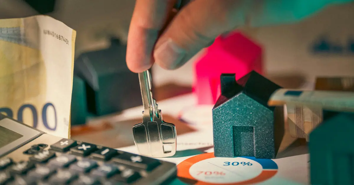 Une clé verte avec des maisons et un billet.
