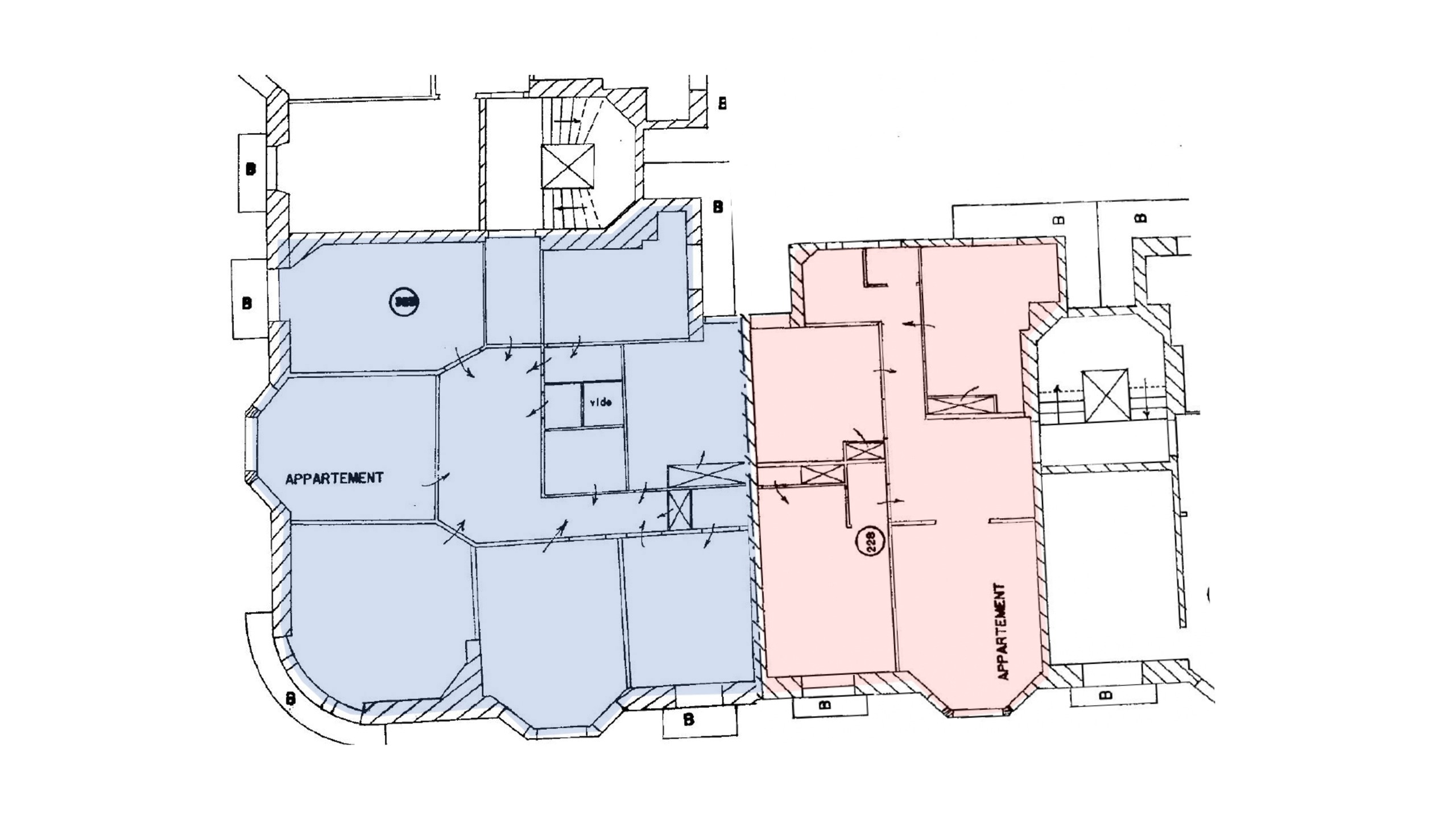 Plan architectural en coupe montrant la disposition d'un appartement en bleu avec pièces principales et circulations, et d'un logement adjacent en rose avec chambres et espaces de vie.
