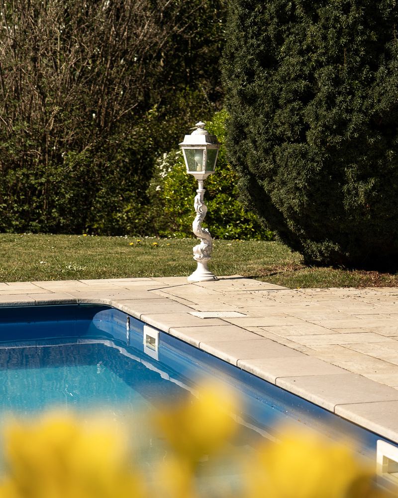 Piscine et lampadaire dans le jardin d'une villa à Archamps